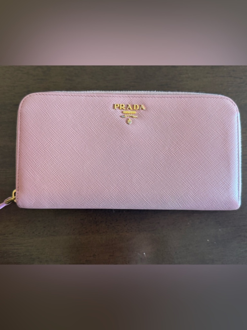 Prada Pink Saffiano Leather Zip Wallet with Gold Logo